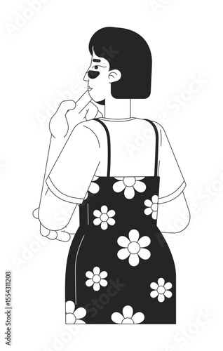 Thoughtful asian woman in floral dress rubbing chin 2D line character. Chinese girl with bob hair and slip dress over tee pondering isolated vector ink outline person. Monochromatic spot illustration
