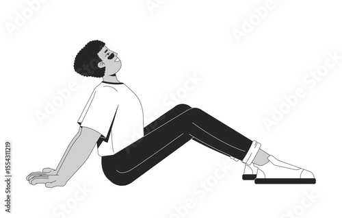Relaxed latino man sitting on floor leaning back 2D line character. Casual rest. Peaceful break. Leisure time. Laidback hispanic guy isolated vector ink outline person. Monochromatic spot illustration