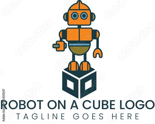 Cute robot stands atop a simple cube in this clever logo art