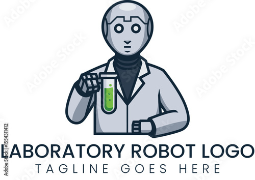 Futuristic robot in lab coat holds test tube with green fluid.