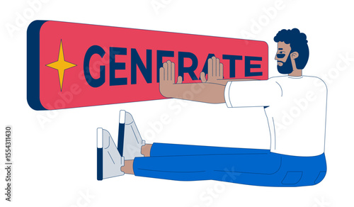 Generative AI for content generation 2D illustration concept. Black man activating artificial intelligence with generate button cartoon character isolated on white. Flat abstract vector metaphor