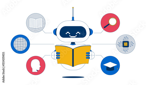 AI training 2D illustration concept. Machine learning, artificial intelligence tech. Algorithm improvement. Robot reading dataset cartoon character isolated on white. Flat abstract vector metaphor
