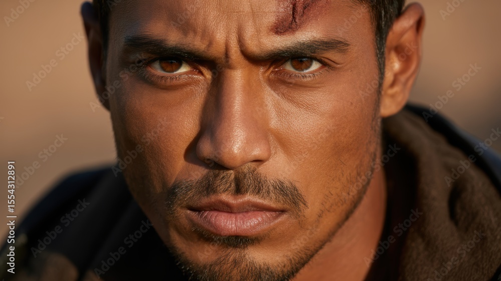 Intense portrait of young hispanic male with scar in outdoor setting Intense portrait of young hispanic male with scar in outdoor setting