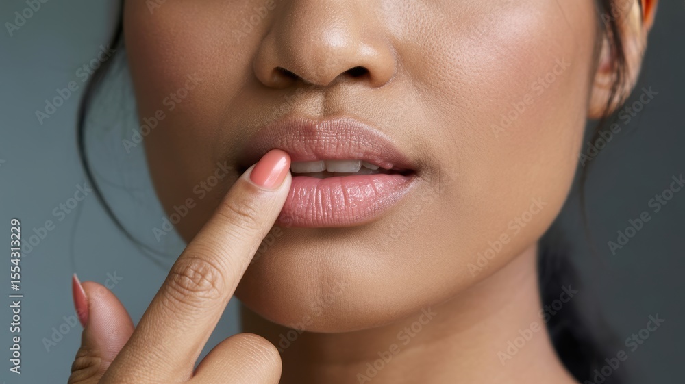 Obraz premium Close-up of asian female's lips with lipstick application