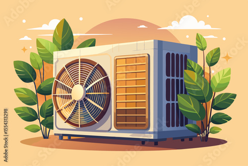 vector of Air heat pump on a beige background. Modern and environmentally friendly heating. Air source heat pumps are an efficient source of energy.