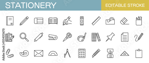 Stationery line icon set – Includes pen, notebook, scissors, workspace, writing and painting. Editable stroke. Vector illustration.