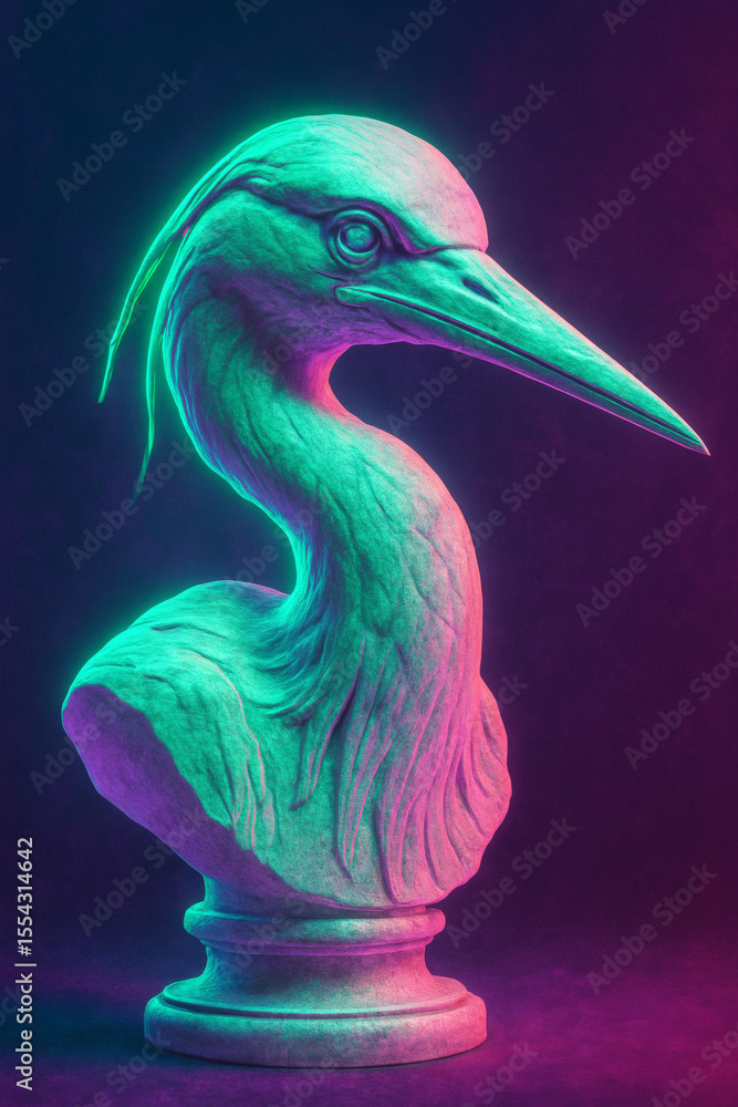 Fototapeta premium Neon Crane Sculpture: A captivating, modern art piece featuring a crane bust illuminated with vibrant teal and magenta hues.