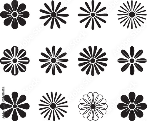 Collection of simple black flower icons with varying petal counts and shapes