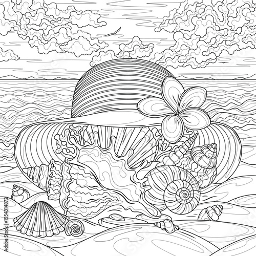 Hat and sea shells on the seashore.Coloring book antistress for children and adults.