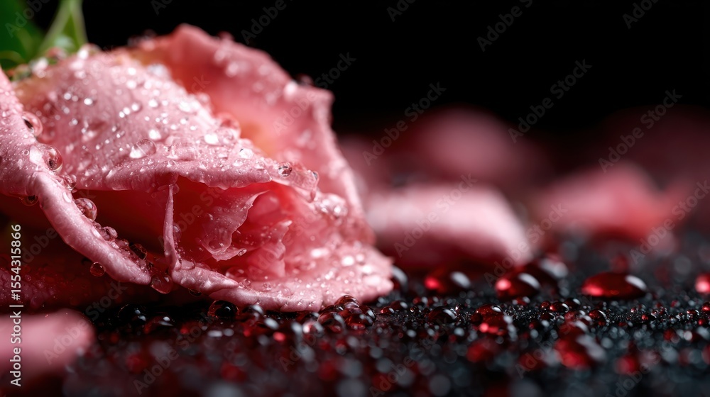 A stunning close-up of a pink rose adorned with droplets, highlighting its delicate beauty and freshness against a contrasting dark backdrop, perfect for nature lovers. A stunning close-up of a pink rose adorned with droplets, highlighting its delicate beauty and freshness against a contrasting dark backdrop, perfect for nature lovers.