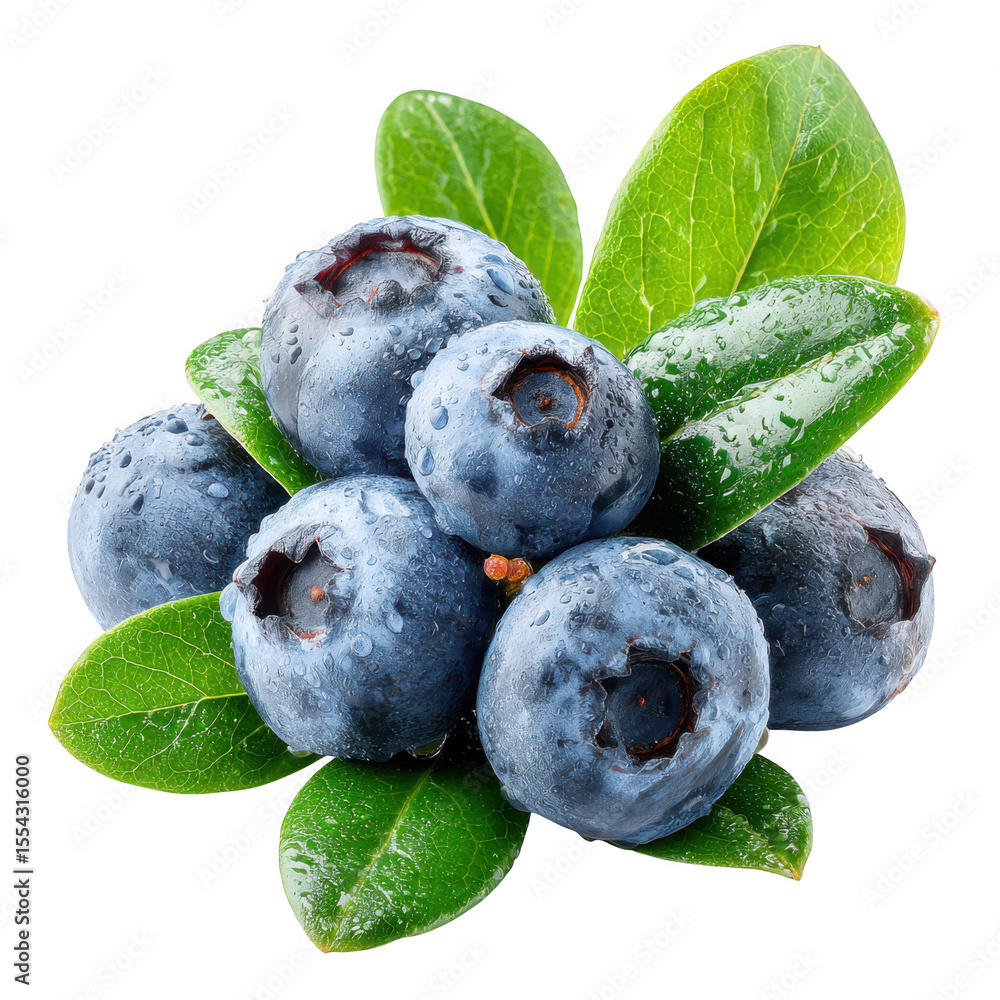 Obraz premium Fresh blueberries with water droplets and green leaves isolated on transparent background