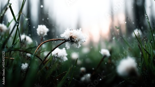 A serene depiction of delicate cotton flowers sprouting amidst lush greenery, showcasing the intricate beauty of nature and the calming effect of a tranquil environment.