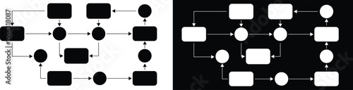 Vector Flowchart Diagram with Circular and Rectangular Nodes in Black and White Backgrounds – Process Management and Workflow Design Illustration