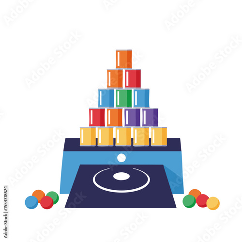 Carnival Game Stand with Stacked Cans and Balls, Flat Vector