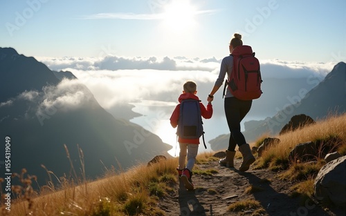 Child and mother family hiking in mountains of Norway, active healthy lifestyle adventure tour outdoor, parent and kid together climbing on the top above clouds, summer vacations with backpack