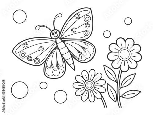 Cartoon butterfly and flowers easy coloring page for children. Black and white vector illustration of children's activity coloring book pages with pictures of an Animal butterfly.