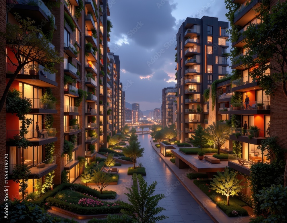 Naklejka premium a twilight biophilic city concept glowing with soft amber lights, filled with vertical tree gardens, water vapor streets, and night blooming flora.