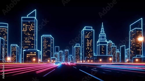 Glowing city skyline with light streaks offers a futuristic urban view at night, ideal for modern themes.