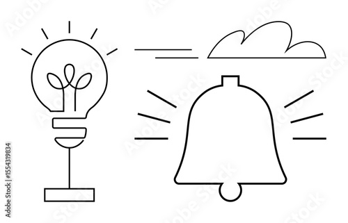 Lightbulb symbolizes creativity and ideas, bell conveys notifications or alerts, minimal line art style. Ideal for innovation, alerts, productivity, communication, brainstorming, awareness