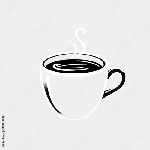 Cute smiling coffee cup with steam rising, black and white minimal illustration perfect for coffee lovers, stickers, mugs, or prints