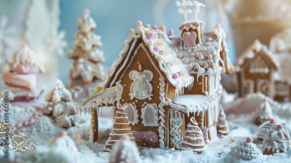A gingerbread house decorated for holidays. A gingerbread house decorated for holidays.