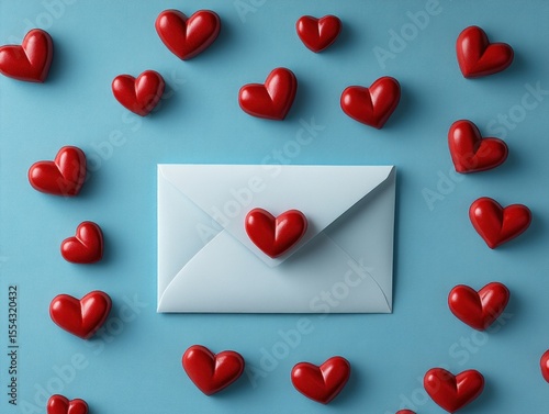red heart and envelope, Valentine's day envelope, red hearts on a blue background 