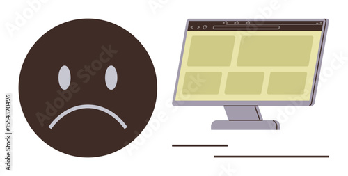 Brown sad face emoticon beside a computer screen displaying blank rectangles. Ideal for frustration, error, disappointment, troubleshooting, miscommunication, failure, simple flat metaphor
