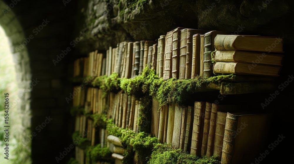 Fototapeta premium Aged books lined on shelves covered in moss.