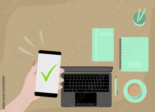 Human Hands Holding Smartphone and finishing the job. Character received Check Marks on smartphone. Done for the task. User Experience Concept. Flat Cartoon clip Illustration.