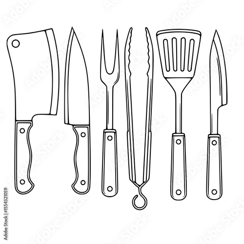 A vector illustration featuring a set of six distinct kitchen utensils: cleaver, chefs knife, carving fork, tongs, spatula, and paring knife, all rendered in a minimalist black line art style agai...