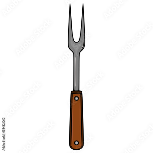 A detailed vector illustration of a barbecue fork with a brown wooden handle and two sharp prongs, isolated on a white background.