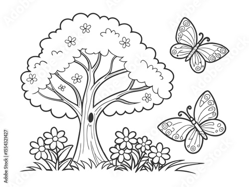 A big tree and a cute garden with flowers. A coloring page for kids that you can print. Black and white sketch of a summer landscape