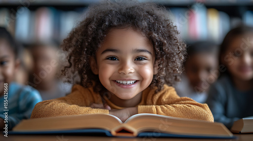 Happy child in a classroom reading a book, surrounded by peers, showcasing joy and learning