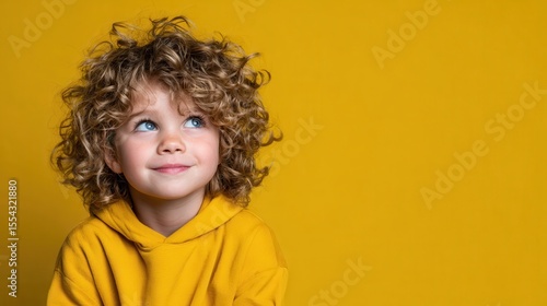 A delightful portrait of a young child with curly hair wearing a yellow sweater, looking up with a whimsical expression, encapsulating innocence, curiosity, and joy.