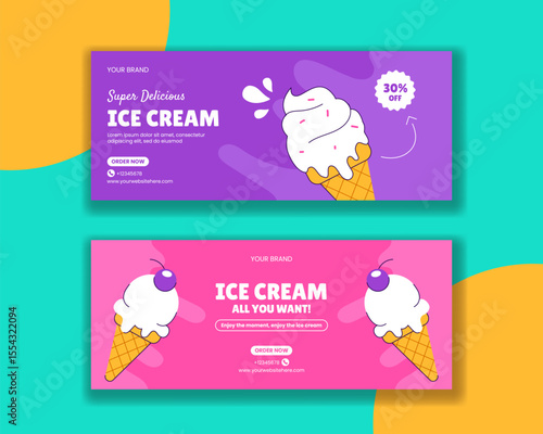 Tasty Ice Cream Social Media Banner in Flat Hand Drawn Cartoon Style Illustration