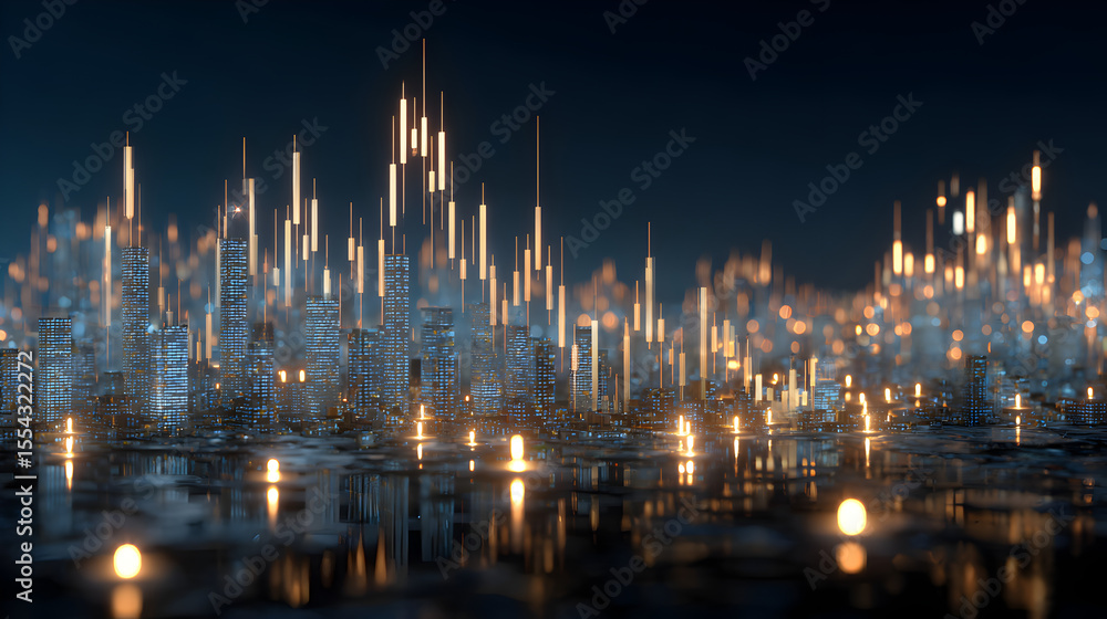 Fototapeta premium Abstract cityscape with glowing lights and reflections on water at night time environment view