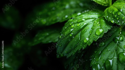 This close-up photograph features vibrant green leaves adorned with glistening water droplets, emphasizing the beauty and freshness of nature after rain.