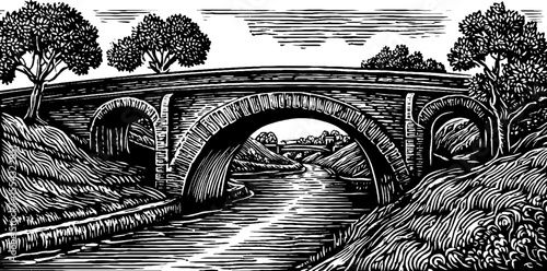Arched bridge over narrow canal in black and white vintage style for historical design