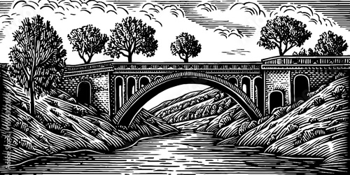 Vintage black and white arched bridge over narrow canal landscape design for print