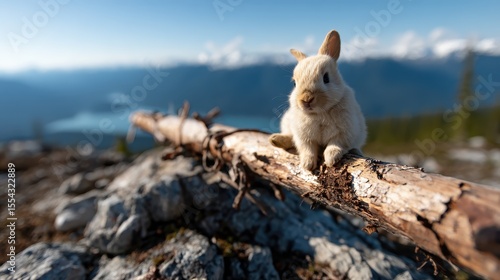 A charming image of a small white rabbit sitting on a rustic log with a majestic mountain backdrop, showcasing the beauty of nature and innocence.