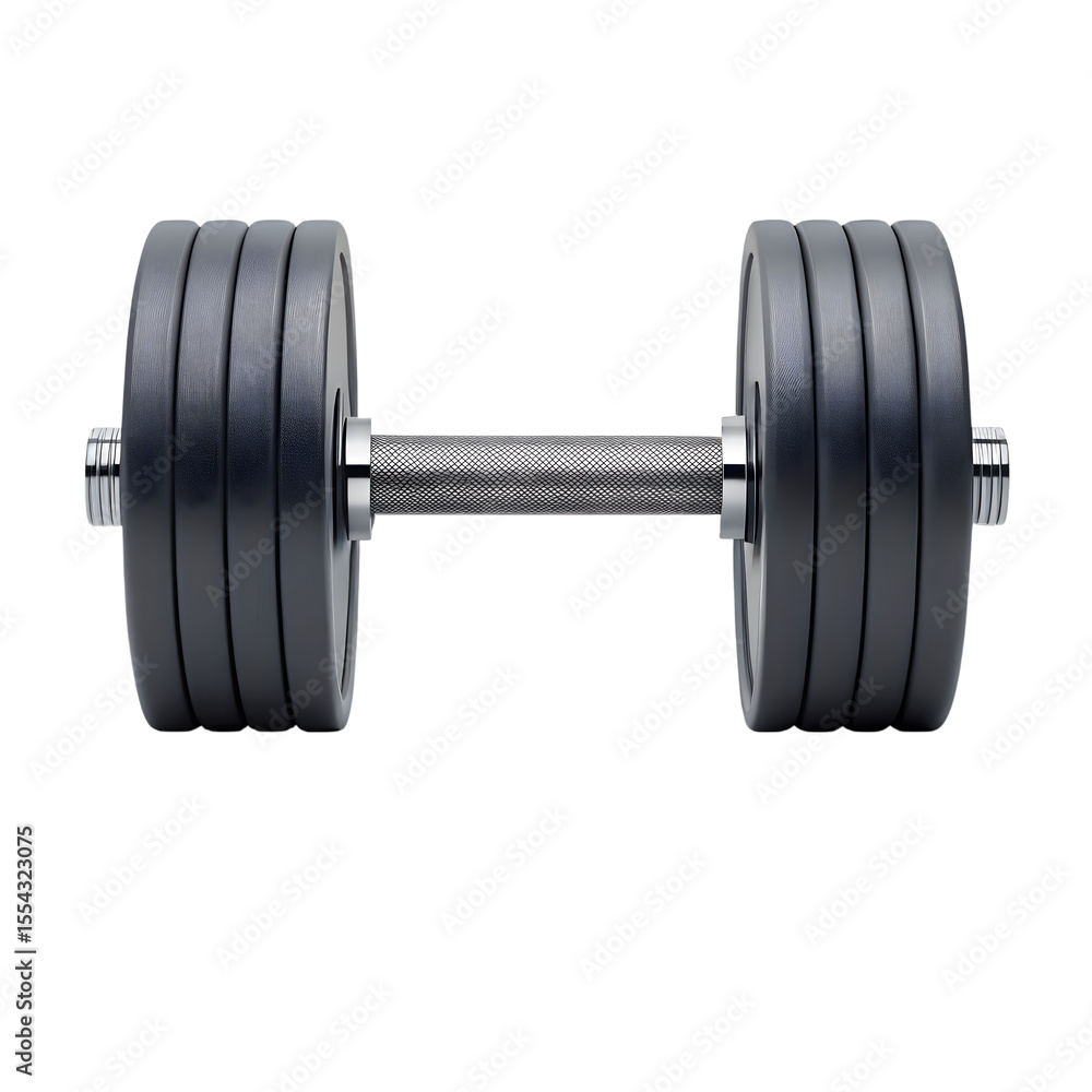 Naklejka premium A realistic 3d render of a black adjustable dumbbell with chrome ends and textured grip isolated on transparent background