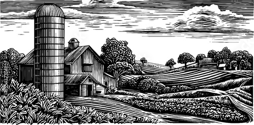 Rural farm landscape with barn and tall silo in black and white sketch for rustic decor