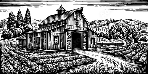 Community effort in barn raising scene in vintage black and white sketch for rural heritage design