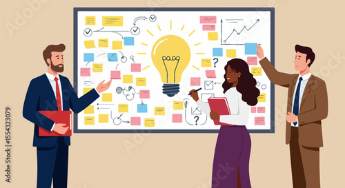 Flat Design Team Brainstorming Scene with Sticky Note-Covered Whiteboard, Central Lightbulb Graphic, and Diverse Business Professionals Collaborating Against Light Tan Background