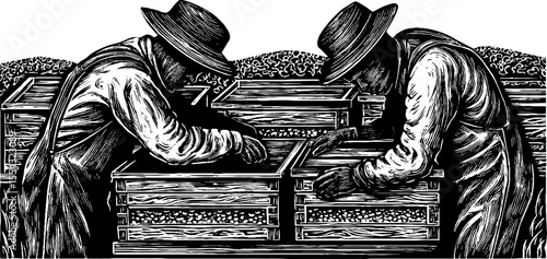 Beekeepers tending hive boxes in vintage woodcut style