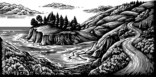 Serpentine trail on canyon cliff black and white landscape illustration