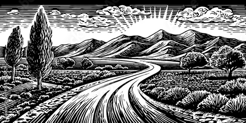 Desert highway leading to distant horizon with mountains and trees