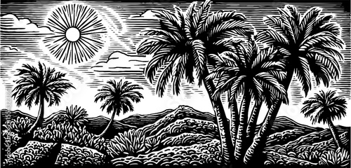 Desert oasis with palm trees under sun in black and white woodcut style
