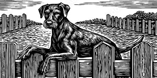 Dog park adventure with fenced agility obstacles in black and white illustration