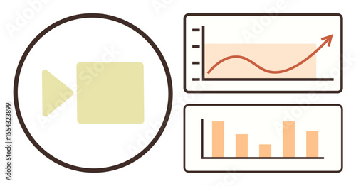 Camera icon beside charts showing upward growth trendline, bar graph analysis. Ideal for business, analytics, growth, presentation, video communication, teamwork, simple flat metaphor